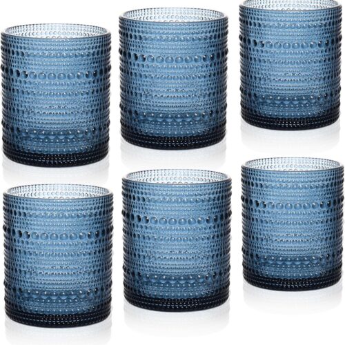 Cocktail Glasses 10 oz Hobnail Drinking Glasses Set of 6, Vintage Glassware, Textured Glass Cups Bubble Glasses Water Glasses Old Fashion Jupiter Glasses Set, Blue